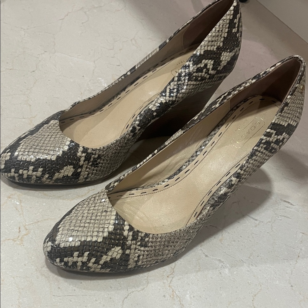 Coach Beige and Black Snakeskin Wedges